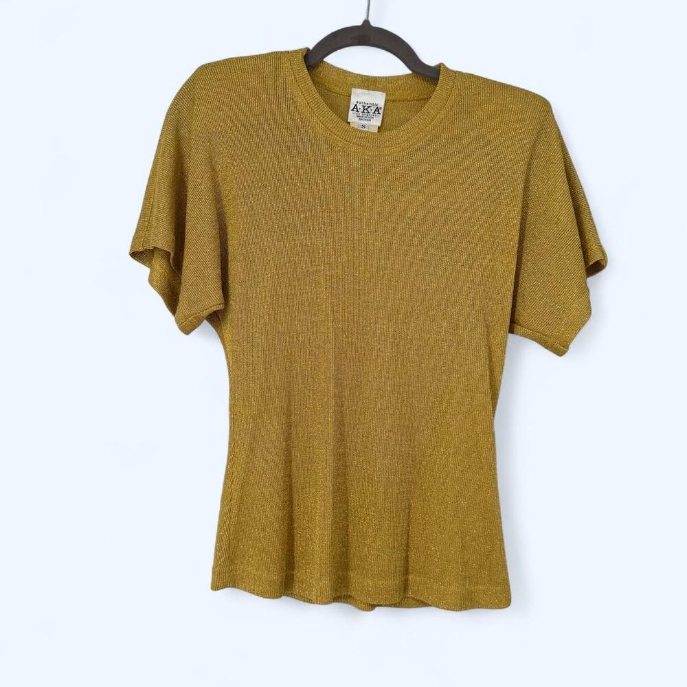 Gold Metallic Ribbed Knit Short Sleeve Shirt Shimmer Sparkle Disco Retro c. 1998